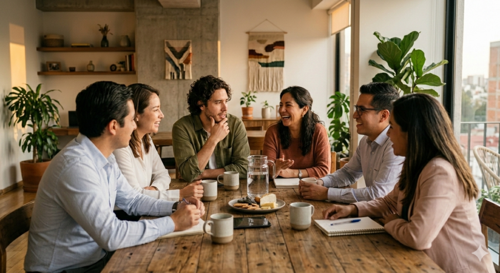 Grupo pequeño compartiendo conversación tranquila en mesa