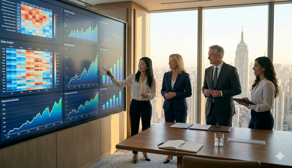 Equipo empresarial analizando resultados de negocio