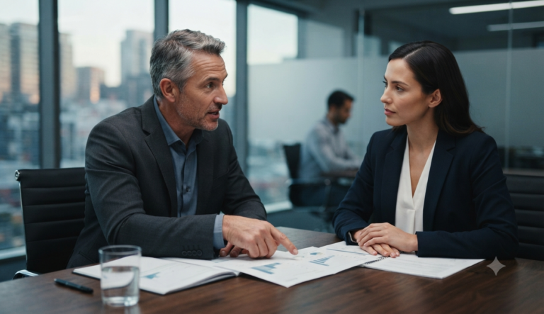 Profesional escuchando atentamente a un cliente exigente durante una reunión