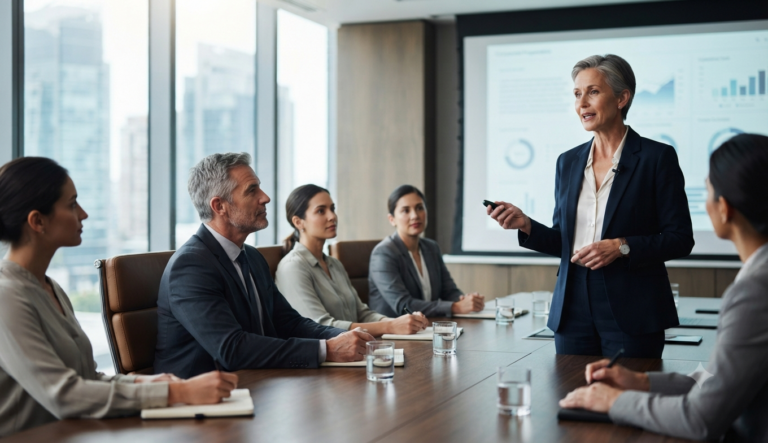 Profesional proyectando confianza durante una presentación ejecutiva