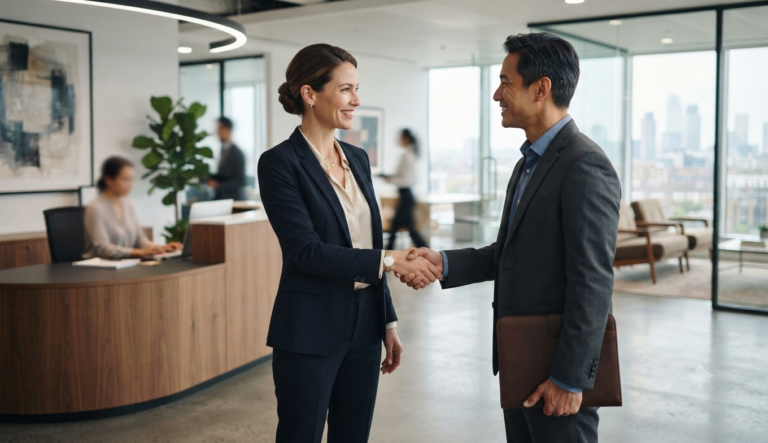 Profesional dando una bienvenida cálida a un cliente